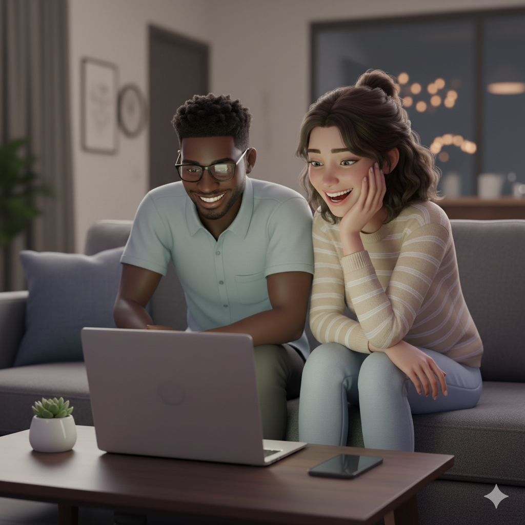 Happy family using fiber internet